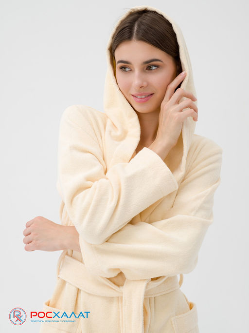 Махровый женский укороченный халат с капюшоном Кремовый МЗ-01 (131)