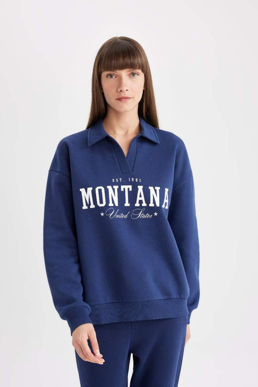 Толстая повседневная толстовка с принтом и вырезом поло Relax Fit - Defacto фото 4