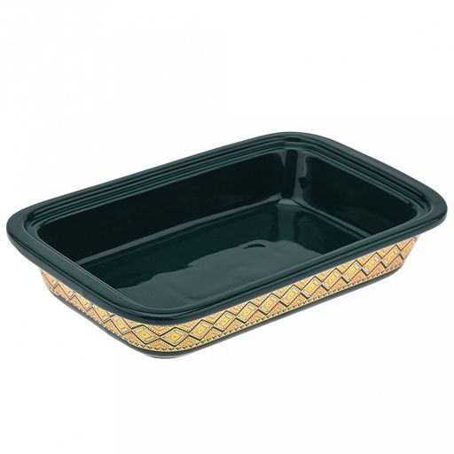 "Мармит Изумруд" Форма для запекания 750мл, прямоугольная, 25,5х15,5см h4,8см, керамика с деколью, цвет - изумрудный, стеклянная крышка с пароотводом, пластмассовая ручка-кнопка "мишка", металическая подставка с ручками, с подогревом на 1 свечу 32,8х