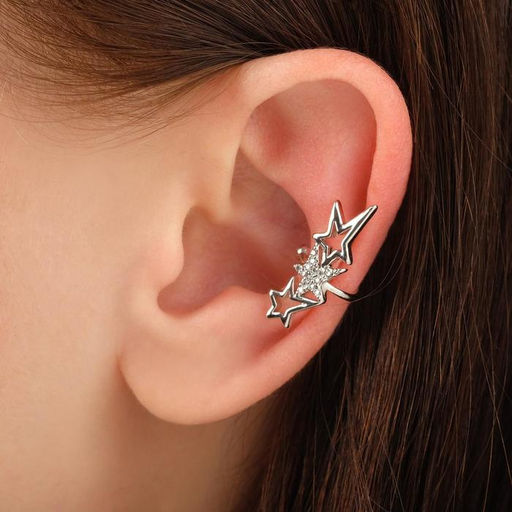 Серьга Кафф три звезды, цвет белый в серебре