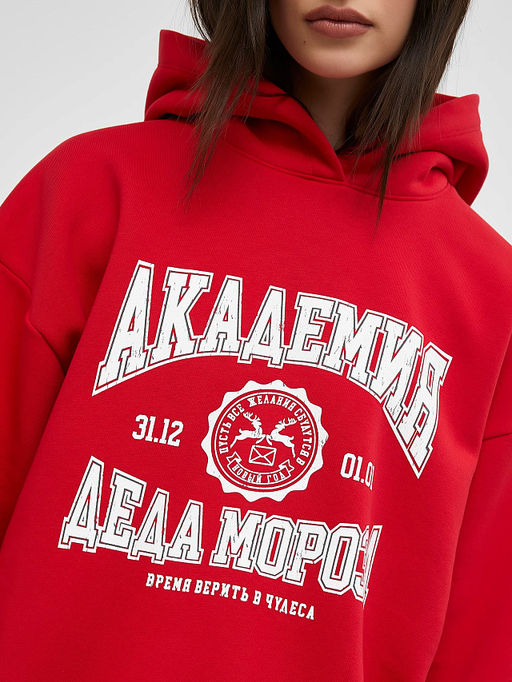 Теплое красное худи силуэта оверсайз с новогодним принтом - Mark formelle фото 4