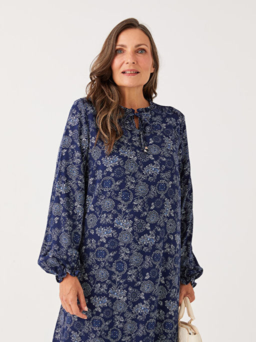 Ba?lamal? Yaka Desenli Uzun Kollu Viskon Elbise