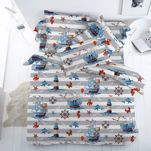 Простыня 100*150 см в детскую кроватку, перкаль, детская расцветка (Рыбалка)