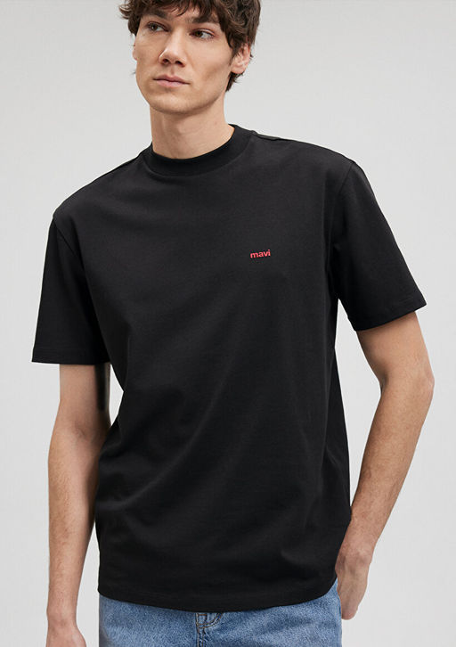 Mavi Logo Bask?l? Siyah Basic Tisort