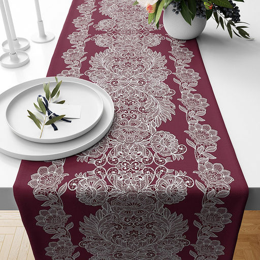 Дорожка столовая, сервировочная 50х150см "Кружева" бордо, хлопок "Премиум" 236г/м2, упаковка классическая 28х41см, "Домашняя мода" (Россия)