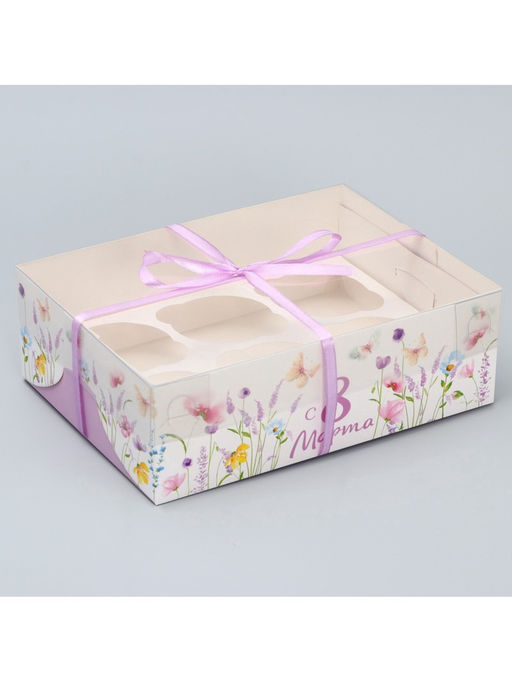 Цена за 5 шт. Коробка для капкейка, кондитерская упаковка, 6 ячеек «8 марта»,23×16×7.5 см