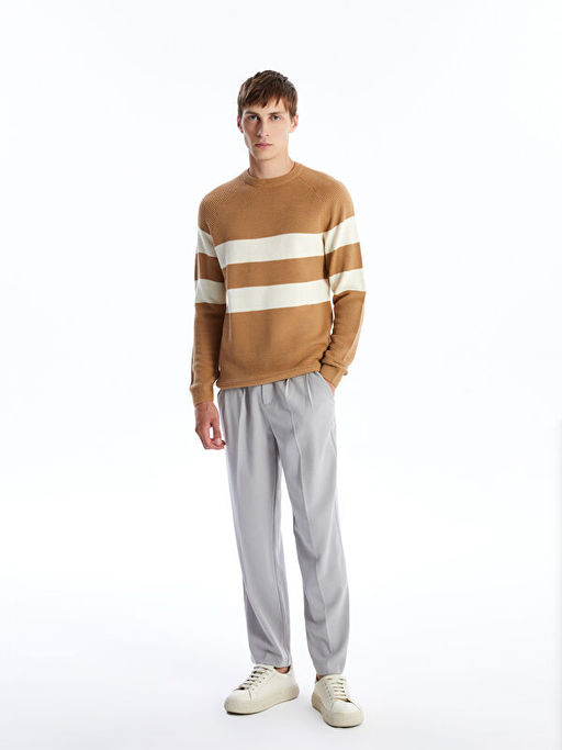 Bisiklet Yaka Uzun Kollu ?izgili Erkek Triko Kazak