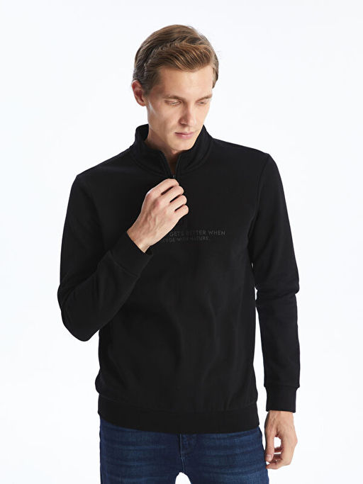 Dik Yaka Uzun Kollu Bask?l? Erkek Kal?n Sweatshirt