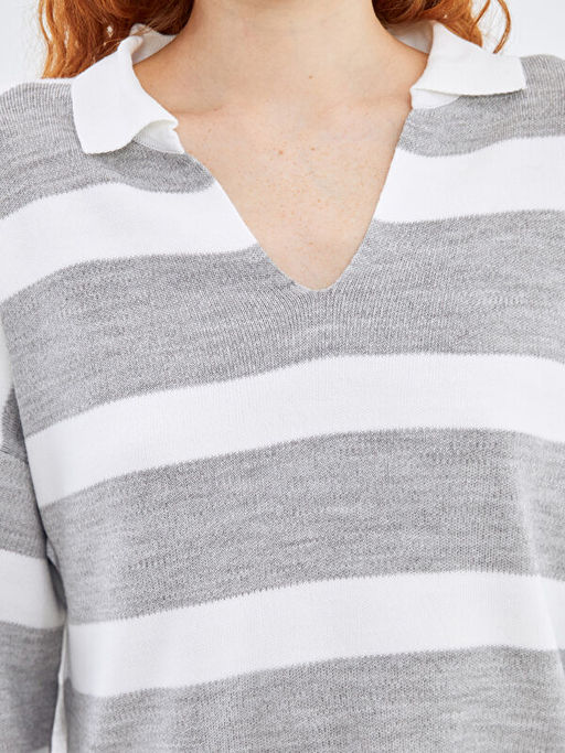 Polo Yaka ?izgili Oversize Kad?n Triko Kazak