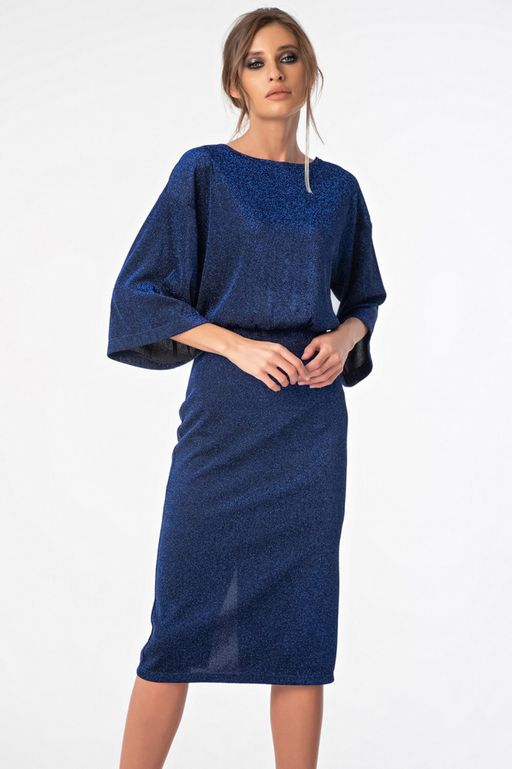 Платье из фактурного блестящего трикотажа синее новый год