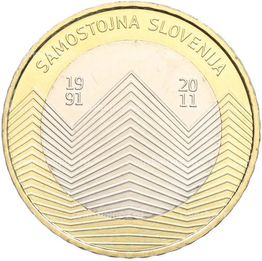 Монета 3 евро 2011 года Словения 20 лет независимости Словении