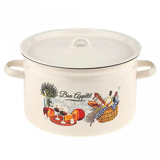 Пикник Кастрюля эмалированная 7л, форма цилиндрическая, металлическая крышка, металлические ручки, жемчужный (Россия)