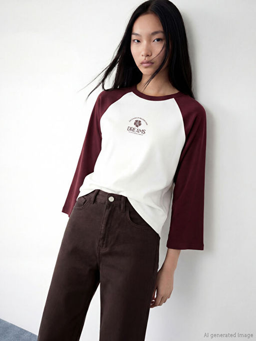 Bisiklet Yaka Bask?l? Kad?n Sweatshirt