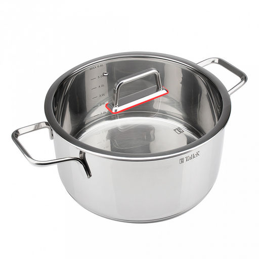 Кастрюля из нержавеющей стали Tendency 6,8л, д26см, h13,5см, s0,6мм, дно s2,8мм, плоская стеклянная жаропрочная крышка, пароотвод, стальной обод, капсулированное дно, прутковые ручки из нержавеющей стали на точечной сварке, полировка снаружи - зерк - Домашняя мода фото 2