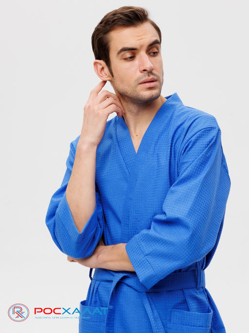 Мужской укороченный вафельный халат с планкой синий В-05 (16)