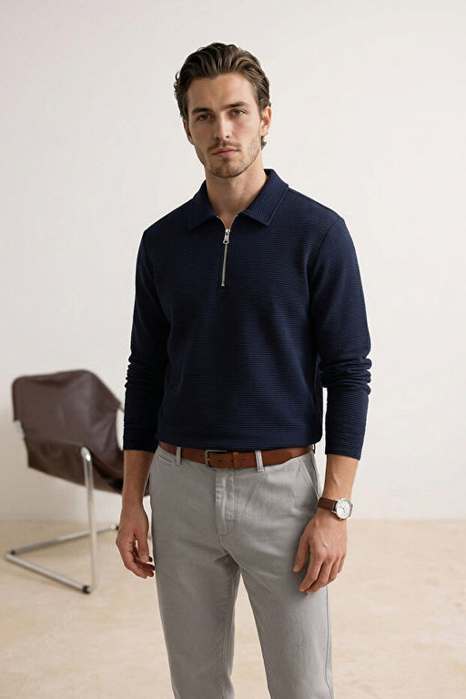 Lacivert Loose Fit Dokulu Fermuarl_ Uzun Kol Polo Yaka T-shirt TMNSS26PO00002 - Trendyolmilla фото 2