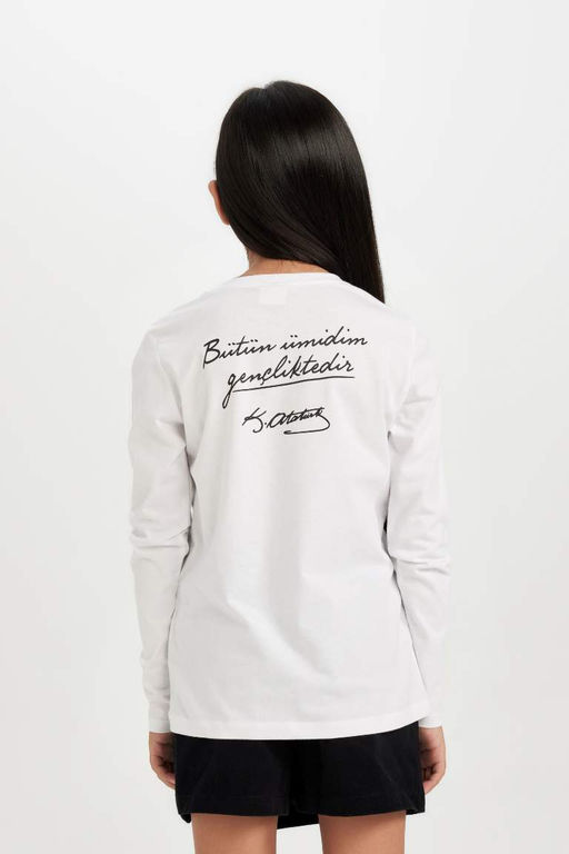 Футболка обычного кроя с круглым вырезом и принтом Ататюрка для девочек с длинными рукавами - Defacto фото 6