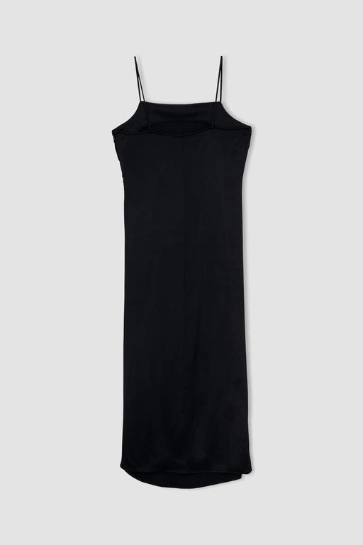Черное атласное платье миди Bodycon с бретелями - Defacto фото 10