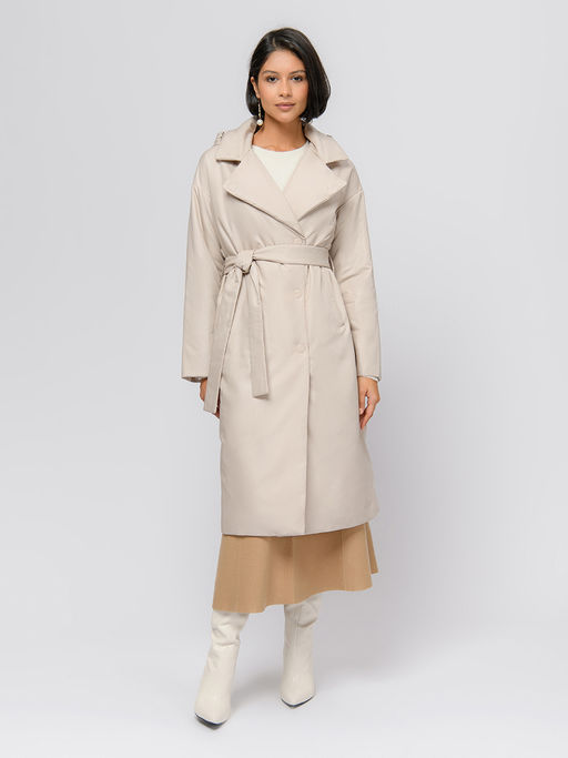 Плащ бежевого цвета с поясом и отложным воротником - 1001dress фото 3
