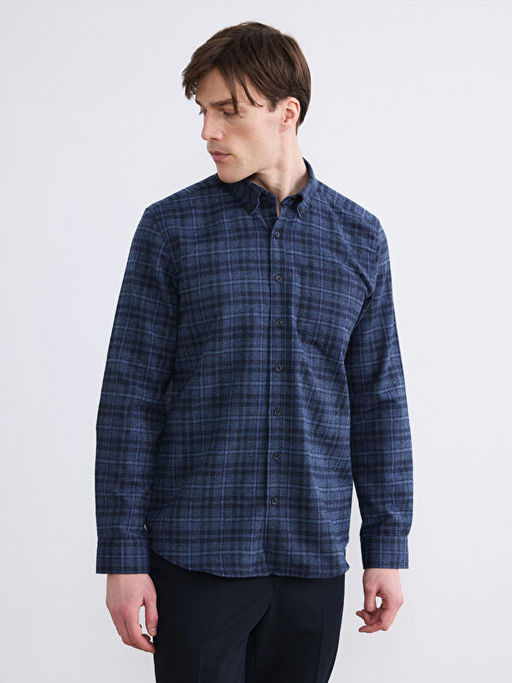 Regular Fit Y?n Kar???ml? Gabardin Erkek Ekose G?mlek