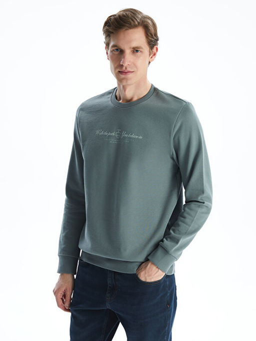 Bisiklet Yaka Bask?l? Erkek Kal?n Sweatshirt