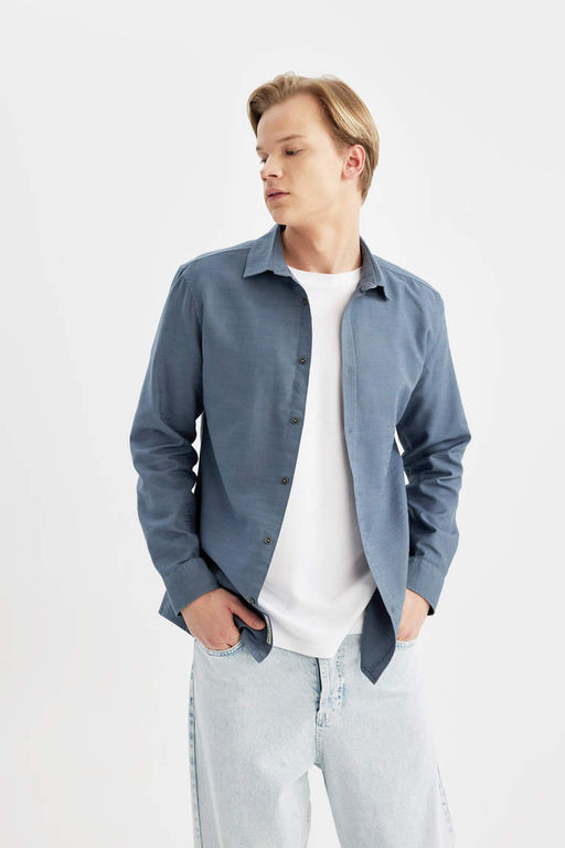Рубашка Slim Fit из хлопка с длинными рукавами - Defacto фото 3