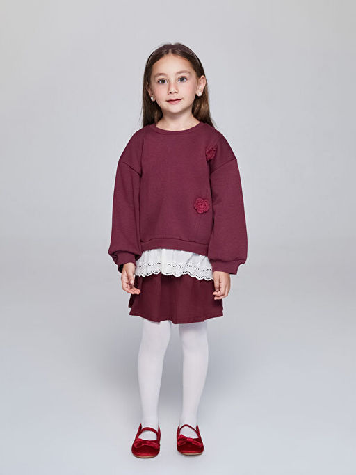 Bisiklet Yaka ?i?ek Aplikeli K?z ?ocuk Sweatshirt