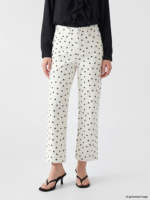 Puantiyeli Straight Fit Kad?n Jean Pantolon