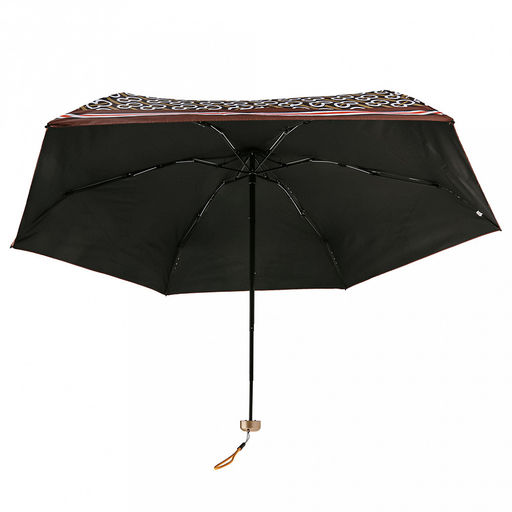 Зонт-мини механический Орнамент ткань эпонж (полиэстер) + черное УФ-покрытие, 6 лучей, д/купола 90см, 5 сложений, 17см в сложенном виде, механизм против ветра, пластмассовая ручка, цвет черный, коричневый кант, 225гр (Китай) - Домашняя Мода фото 3