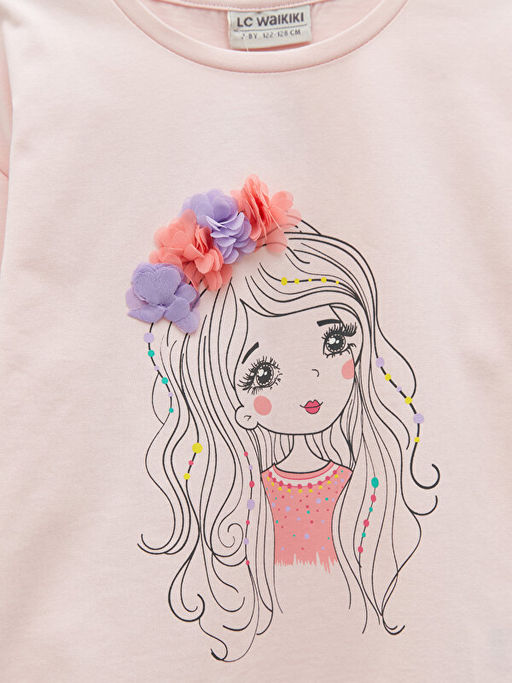 Bisiklet Yaka Bask?l? Uzun Kollu Pamuklu K?z ?ocuk Ti??rt - Waikiki фото 3