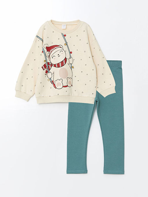 Bisiklet Yaka Uzun Kollu Bask?l? K?z ?ocuk Sweatshirt ve Tayt 2li