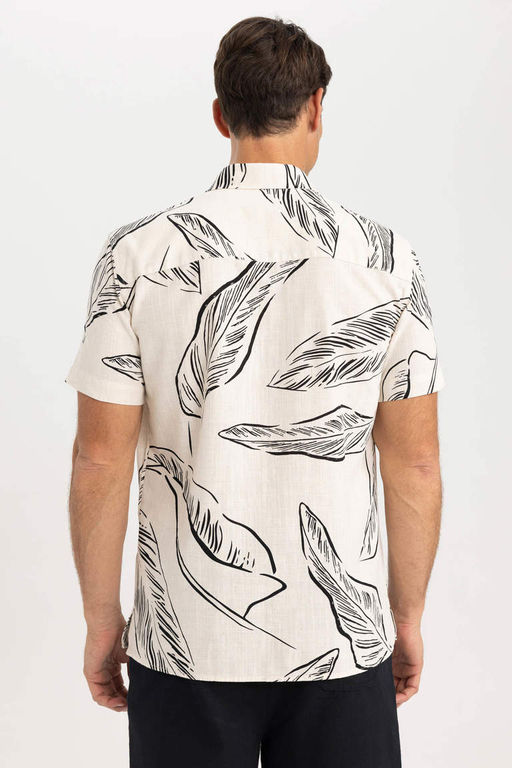 Рубашка из смесового льна с принтом и воротником-поло обычного кроя с короткими рукавами - Defacto фото 7