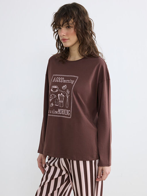 Bisiklet Yaka Bask?l? Kad?n Pijama Tak?m?