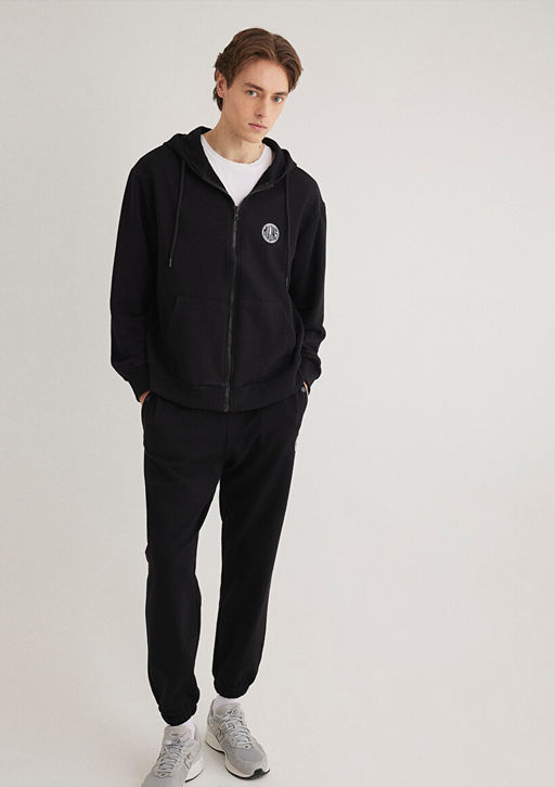 MVJNS Logo Bask?l? Fermuarl? Kapusonlu Siyah Sweatshirt - Mavi фото 2