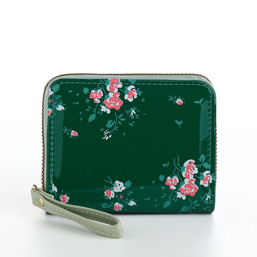 Кошелёк женский на молнии с ремешком, лакированный, зелёный