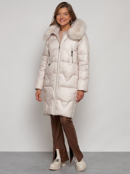 Пальто утепленное с капюшоном зимнее женское бежевого цвета 13305B - Visdeer фото 6