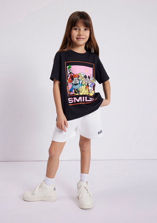 Mickey Mouse Bask?l? Siyah Ti??rt