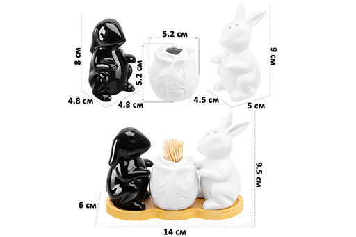 Набор д/специй 3 пр. 14*6*9,5 см Кролики с капустой на дер. подставке+зубочистки,бел/черн - Elan gallery фото 9
