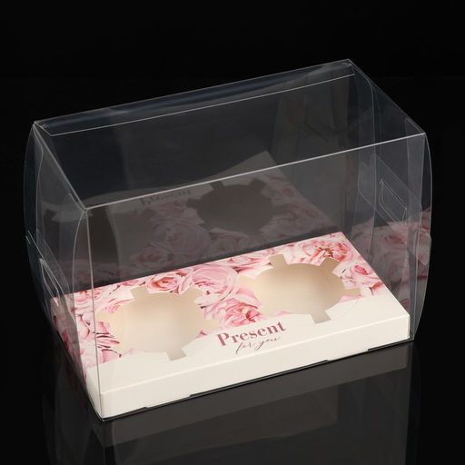 Цена за 5 шт. Коробка для капкейка, кондитерская упаковка, 2 ячейки «Розовые цветы», 16×8×11.5 см