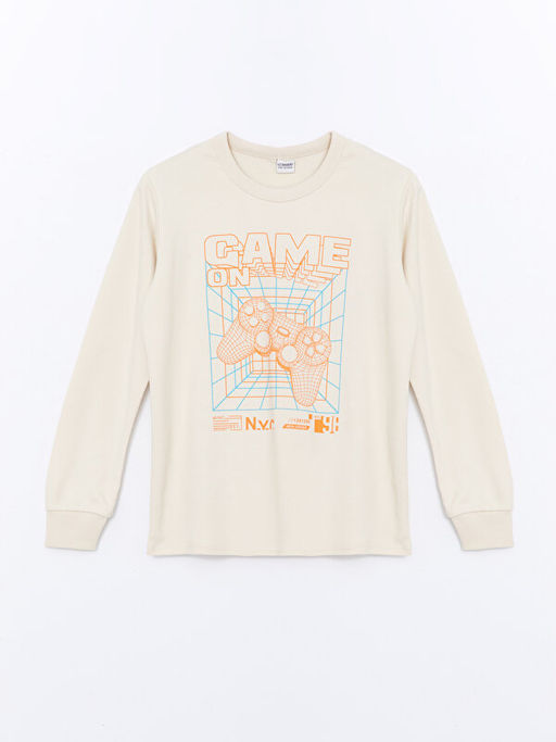 Bisiklet Yaka Bask?l? Uzun Kollu Erkek ?ocuk Ti??rt