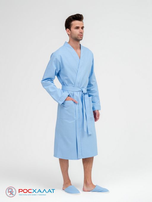 Мужской вафельный халат с планкой голубой В-03 (2)
