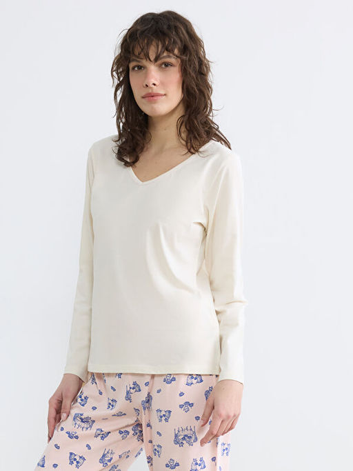 V Yaka Bask?l? Kad?n Pijama Tak?m