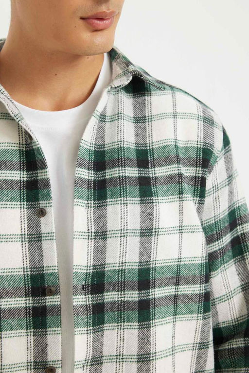 Фланелевая рубашка стандартного кроя с воротником поло и длинными рукавами в клетку - Defacto фото 4