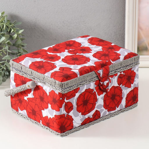 Шкатулка для рукоделия и шитья Красные маки на белом, хранение ниток, иголок, мелочи, 19?26?14.5 см