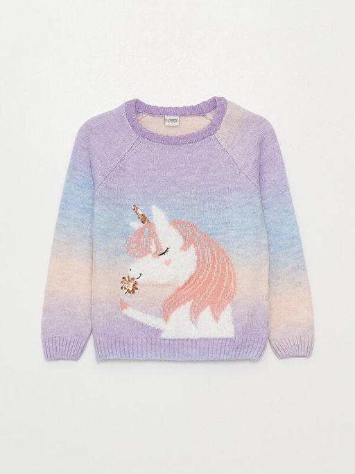 Bisiklet Yaka Desenli Uzun Kollu K?z ?ocuk Triko Kazak