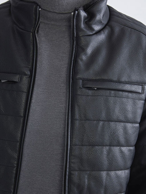 Standart Kal?p Dik Yaka Erkek Deri G?r?n?ml? Mont