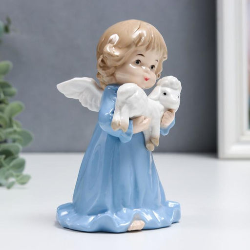 Фигурка керамика Ангелочек в голубом платье, с барашком, 15 см