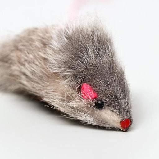 Дразнилка-удочка с серой мышью из натурального меха, 46 см, палочка микс цветов - Пижон фото 2