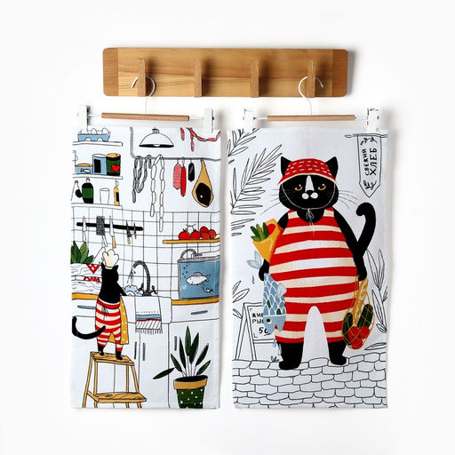 Набор кухонных полотенец Доляна «Котик на кухне» 35×60 см-2 шт., 100% хл