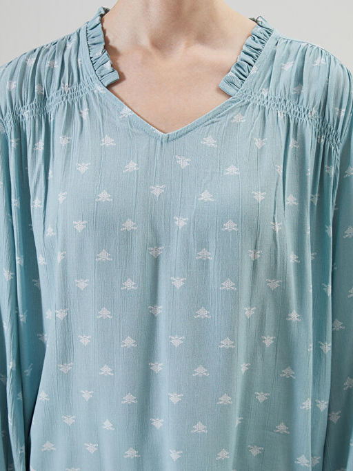 V Yaka Desenli Kad?n Bluz